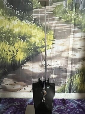 Long Silver Tone Necklace with Brown Stone Accent with Earrings